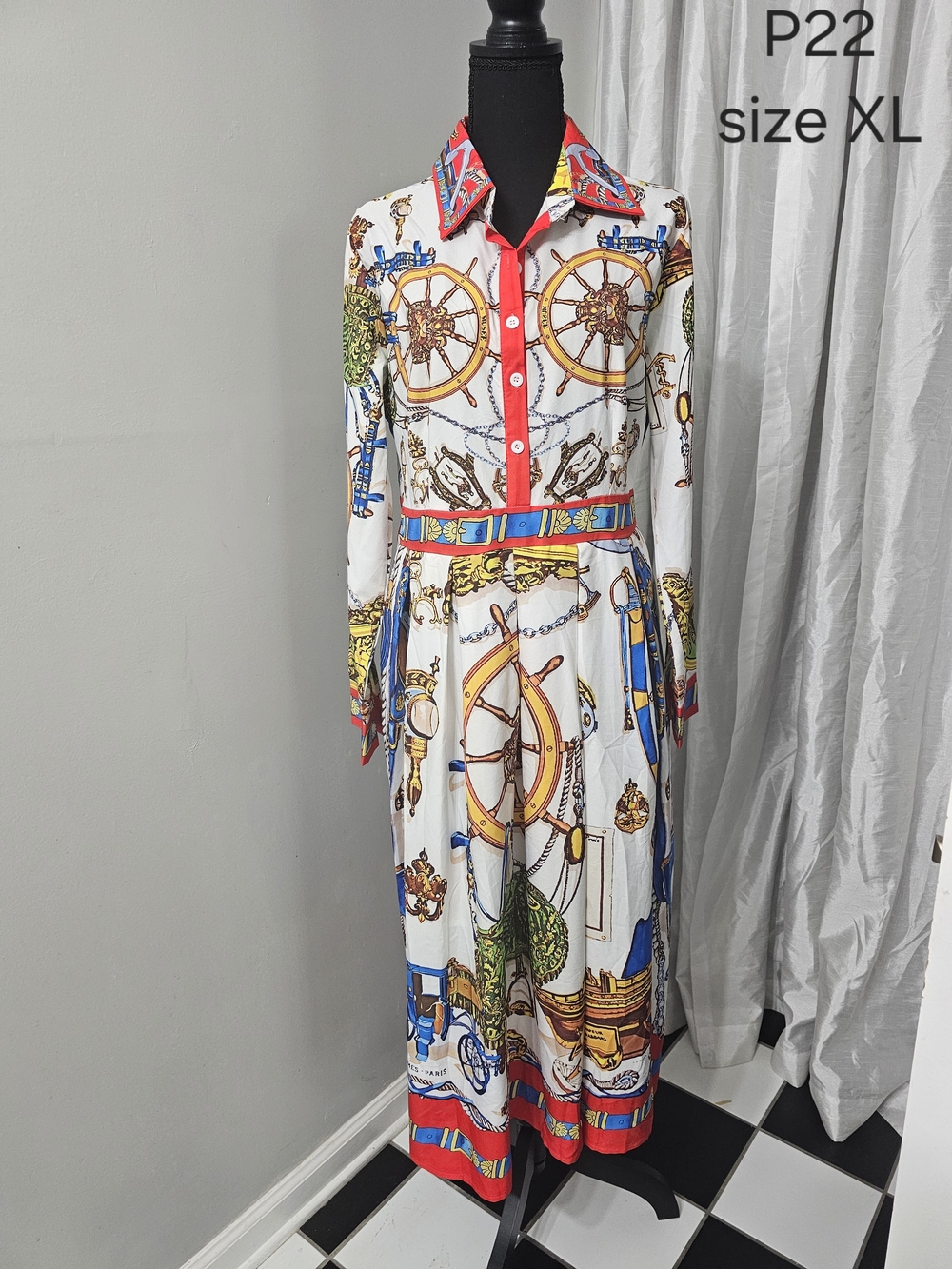 Nautical Print Long Sleeve Shirt Dress - White with Red & Blue Accents